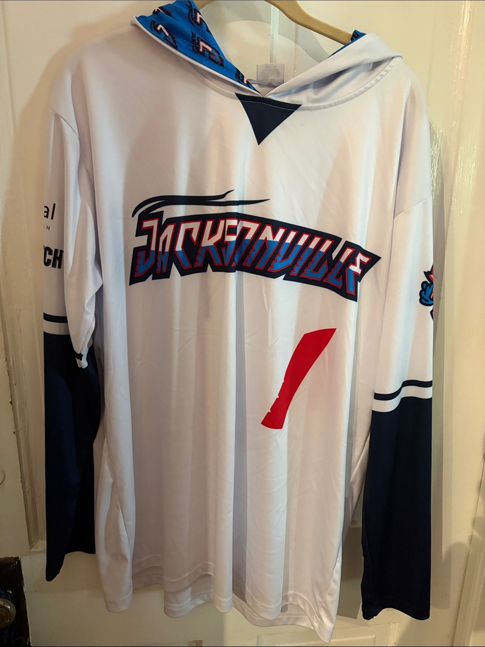 Men's White and Navy Graphic Hockey Jersey Hoodie